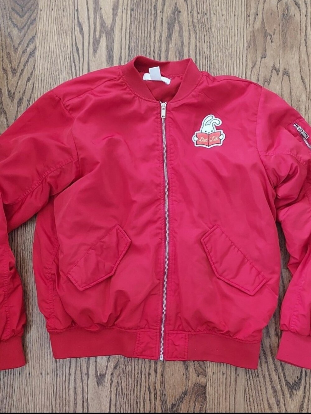 H&M Red Bomber Jacket Get Lit Bunny Size 8